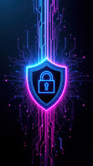 Wall Mural - A digital art representation of an internet security shield with neon-colored cybernetic patterns in a futuristic style.