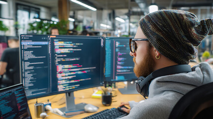 full-stack developer debugging code in a collaborative web development agency.