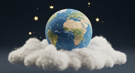 earth globe sitting on fluffy clouds surrounded by starry sky