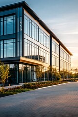 Aufkleber - Modern glass office building exterior reflecting a setting sun