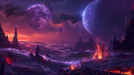 Wall Mural - a beautiful landscape of another planet with two moons. the planet is covered in lava and there are 
