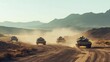 © HISTOCK - Four military tanks patrolling through desert landscape