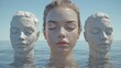 © Володимир Виповський - Surreal Woman's Face with Two Stone Heads in Water