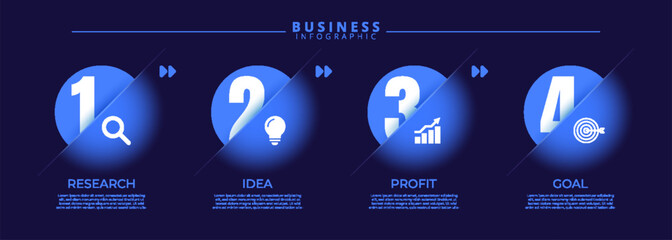 Infographic label design template featuring icons and four distinct steps. Ideal for process charts, presentation slides, workflow schemes, banners, flow diagrams, and data visualizations.