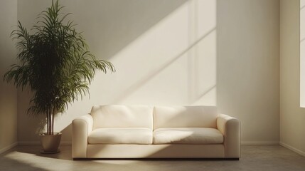 Fototapete - In a tranquil interior, warm sunlight filters through large windows, casting gentle shadows on a creamy couch and a vibrant potted plant, creating a harmonious atmosphere