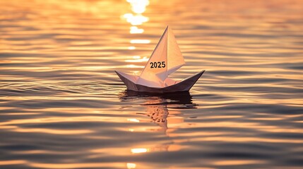Poster - Origami paper boat with 2025 on sail floating on water at sunset, symbolizing new beginnings and future aspirations