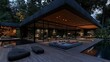 © Gusion - Modern house with large windows and wooden deck surrounded by trees at dusk.