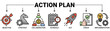 © EKA - Action plan banner web icon vector illustration concept with icon of objective, strategy, collaboration, schedule, act, launch, check, and implementation icons symbol background.