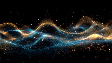 Abstract waves from golden and blue dots on black background. Dynamic motion of particles texture.