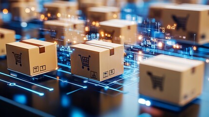 Aufkleber - Innovative Logistics Concept with Cardboard Boxes and Digital Technology Illustrating E-Commerce and Supply Chain : Generative AI