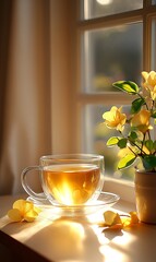 Poster - Beautiful glass cup of tea illuminated by sunlight with yellow flowers in a vase on a windowsill : Generative AI