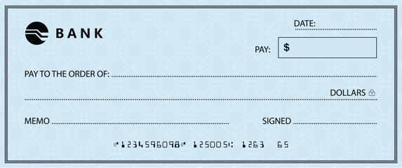 Wall Mural - blue bank check, vector blank money cheque, checkbook template with guilloche pattern and fields. cu
