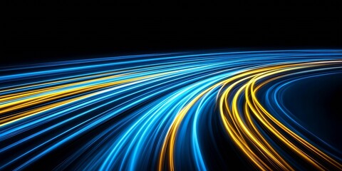 Fototapete - Dynamic image showing striking blue and yellow light trails weaving through space in a captivating manner : Generative AI
