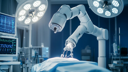 Wall Mural - an ai powered robot performing precision surgery with real time patient data analysis, surgical room