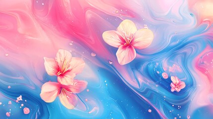 Poster - Abstract floral background with pink and blue acrylic paint and flowers