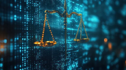 Digital Justice Scales of Justice against binary code background.  Cybersecurity, law, and technology concept