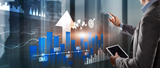Wall Mural - business intelligence. diagram, graph, stock trading, investment dashboard. arrows up