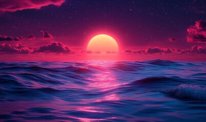 Wall Mural - retro sun sunset on a starry sky and water waves bright neon rays, vibrant shine with neon glow arou