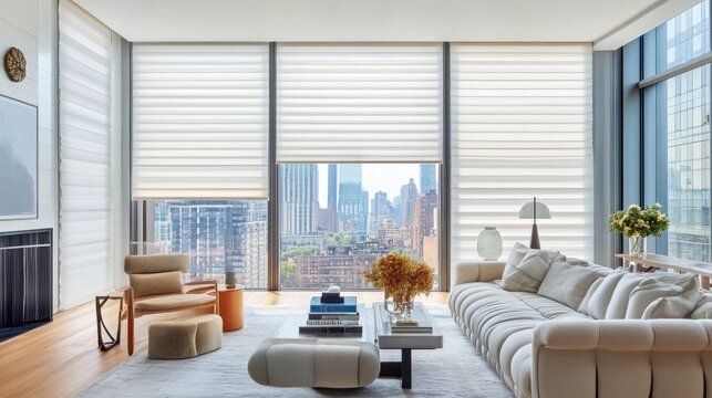Modern room with motorized shades halfway drawn on large windows