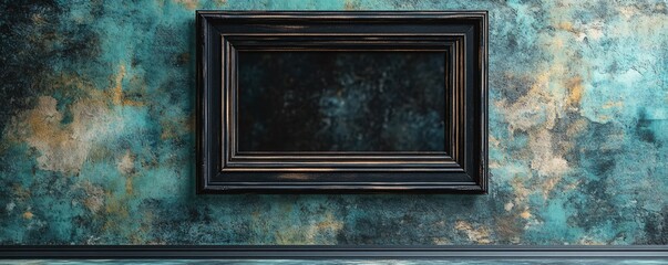 Aufkleber - Empty black frame hanging on a textured teal wall with copy space