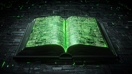 Futuristic book glowing with green digital code, resting on a high-tech circuit surface, symbolizing AI and data knowledge.