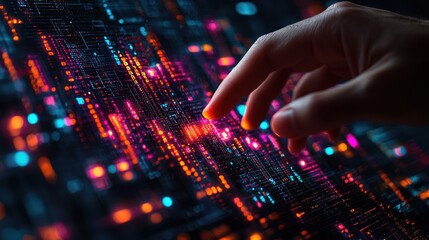 Hand interacting with digital data streams; futuristic technology background; concept for innovation, data analysis
