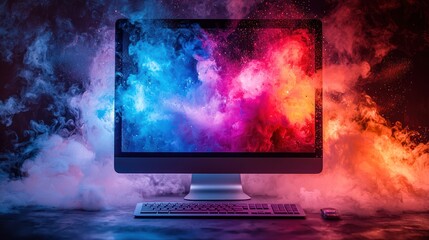 Colorful smoke swirls on computer screen, tech innovation concept, website banner