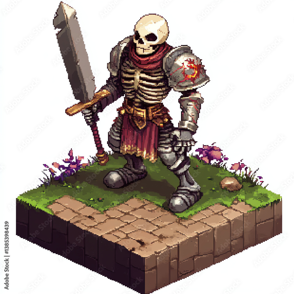 Pixel Art Armored Skeleton Warrior Holding Sword Standing on Stone ...