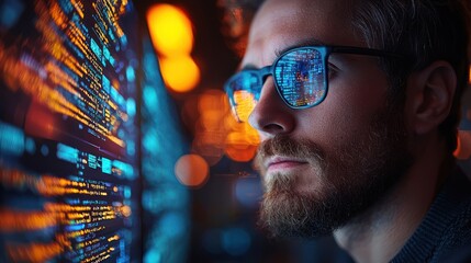 Programmer reviewing code at night, city lights blurred background, for tech articles