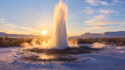 Wall Mural - Strokkur geyser erupting at golden hour in iceland's winter wonderland