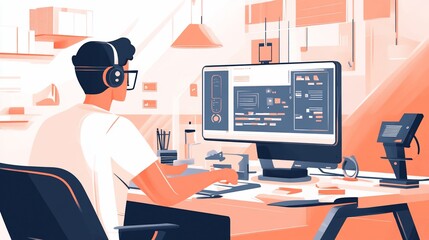 Focused developer coding at desk with modern tech and minimalist design