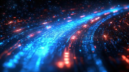 Wall Mural - abstract network of blue and red lights flowing in curved, connected stream