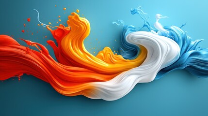 Wall Mural - abstract swirling vibrant red, orange, and blue paints against a light blue backdrop