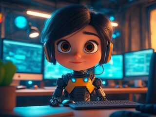 Animated techie types on keyboard at desk in lit office coding software solutions