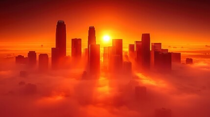Wall Mural - Cityscape silhouette shrouded in fog, glowing orange under sunlight or sunset