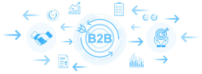 B2B business concept with marketing icons like handshake, target, document, and charts in blue graphic style on white background, symbolizing strategy flow