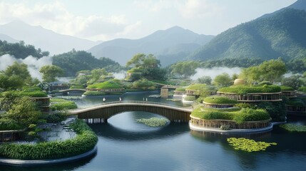 Poster - A sushi village with rice mountains and seaweed bridges