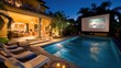 © badrun - Luxurious villa with outdoor pool, movie screen, and comfortable lounge area at night.