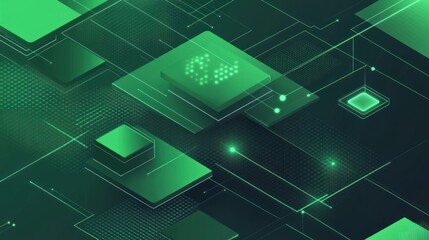 Abstract green tech background with digital circuit board and glowing elements.