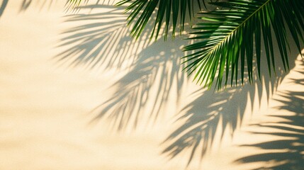 Wall Mural - tropical palm leaf casts delicate shadow on soft beige background, creating serene minimalist compos