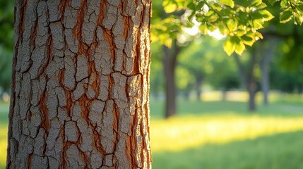 Wall Mural - Tree bark close-up with park background, green leaves, sunlight, and bokeh