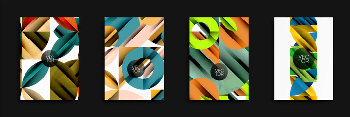 Poster - Four abstract geometric designs. Bright colors, overlapping shapes create dynamic compositions. Modern vector illustrations suitable for backgrounds, posters, branding.