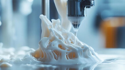 Wall Mural - a 3d printer nozzle precisely layering melted filament onto a 3d model, clear view of the extruding 