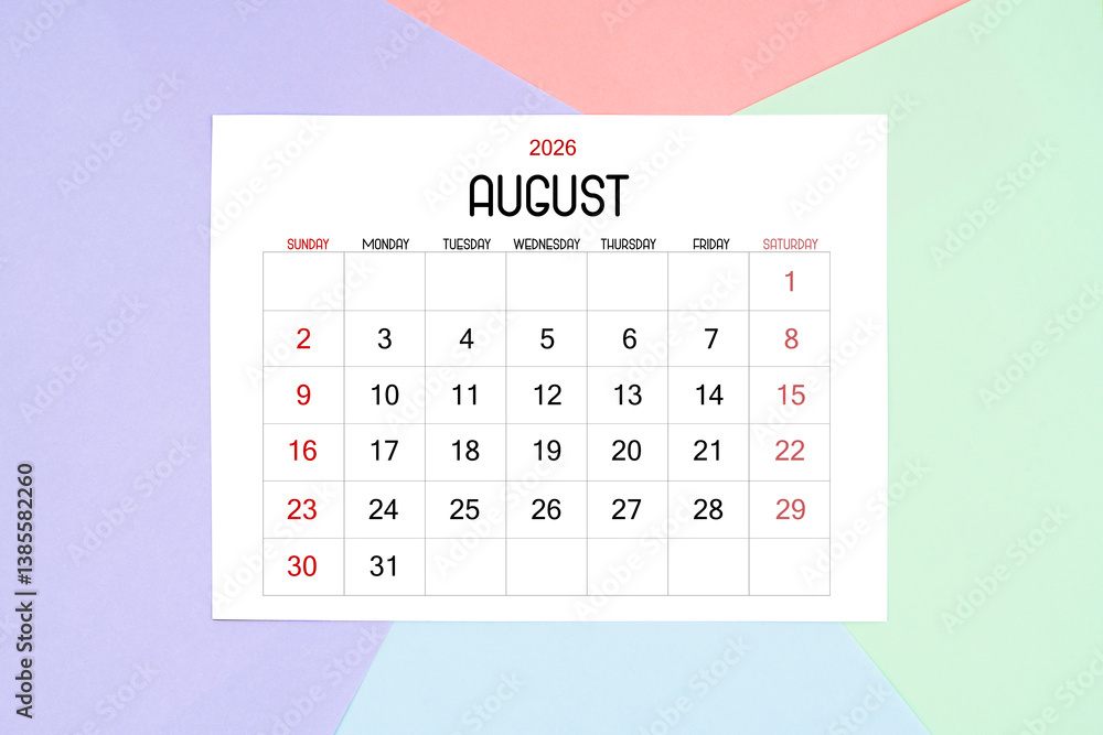 August calendar card for 2026 year on colorful background. Stock Photo ...
