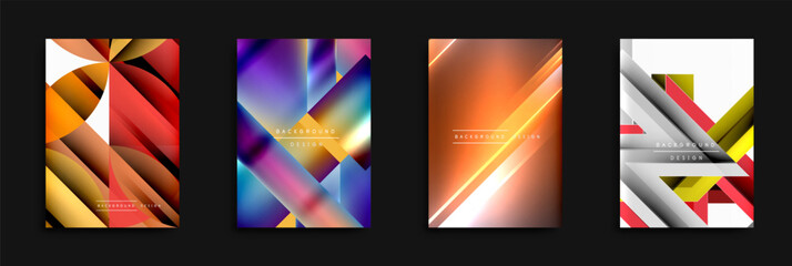 Poster - Four vibrant abstract backgrounds. Geometric shapes overlap, creating dynamic visual effects. Colors range from warm redsoranges to cool purplesblues. Modern designs suitable for digital projects.