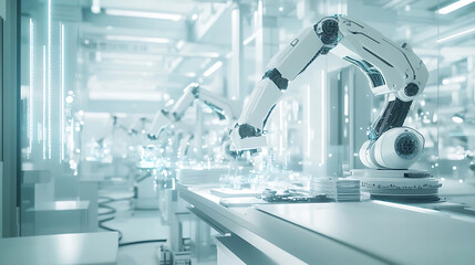 Wall Mural - a digital manufacturing plant with automated robotic arms assembling products, clean and advanced fa