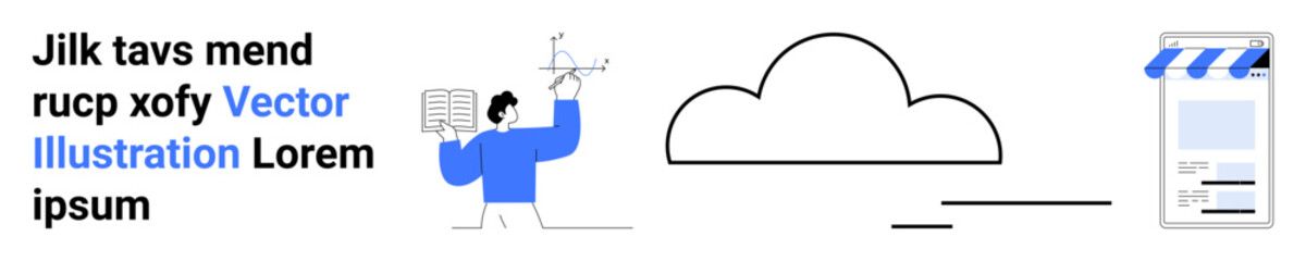 Developer holding code and gears, representing creativity and problem solving, linked to a cloud and storefront. Ideal for technology, commerce, cloud solutions, development, innovation