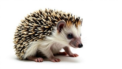Wall Mural - A tiny hedgehog, curled into a ball, isolated on pure white background , animal texture, adorable, photo