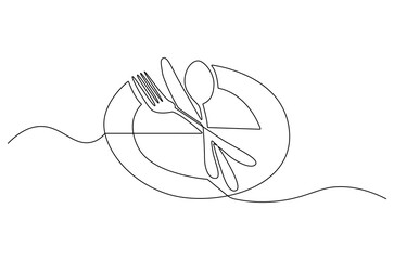 Wall Mural - continuous one line drawing of fork, plate, knife and spoon. single line drawing illustration cutler