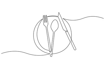 Wall Mural - continuous one line drawing of fork, plate, knife and spoon. single line drawing illustration cutler